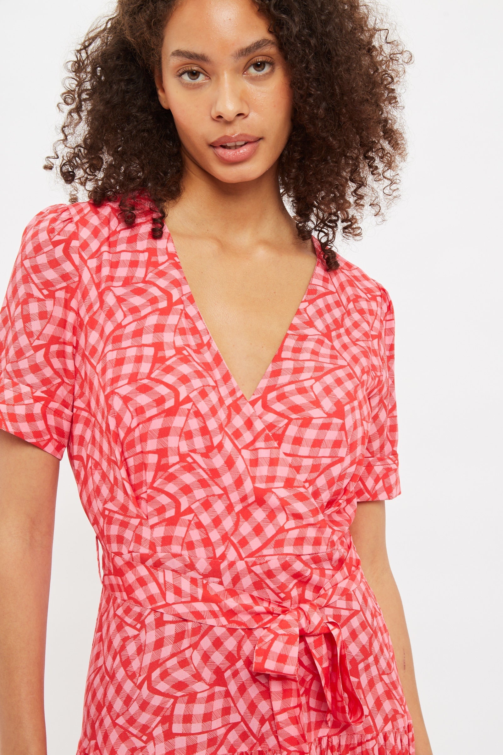 Louche Emin Gingham Twist Print Tiered Short Sleeve Midi Dress
