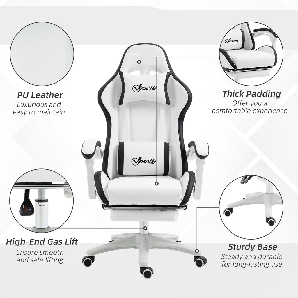 Vinsetto Computer Gaming Chair, PU Leather Desk Chair with Footrest, Swivel Task Chair with 135\'c2\'b0 Reclining Back and Lumbar Support, PC Chair for Adults, White and Black