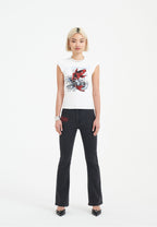 Womens Crystal Koi Flared Denim Trousers Jeans - Black