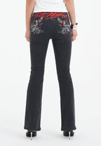Womens Crystal Koi Flared Denim Trousers Jeans - Black