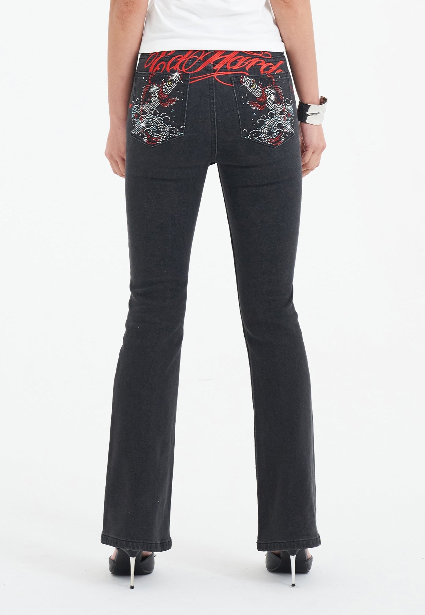 Womens Crystal Koi Flared Denim Trousers Jeans - Black