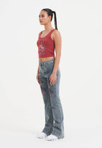 Womens Floral Cross Flared Jeans - Mid Blue