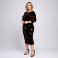 Black Red 3/4 Sleeve Stretch Velvet Midi Dress
