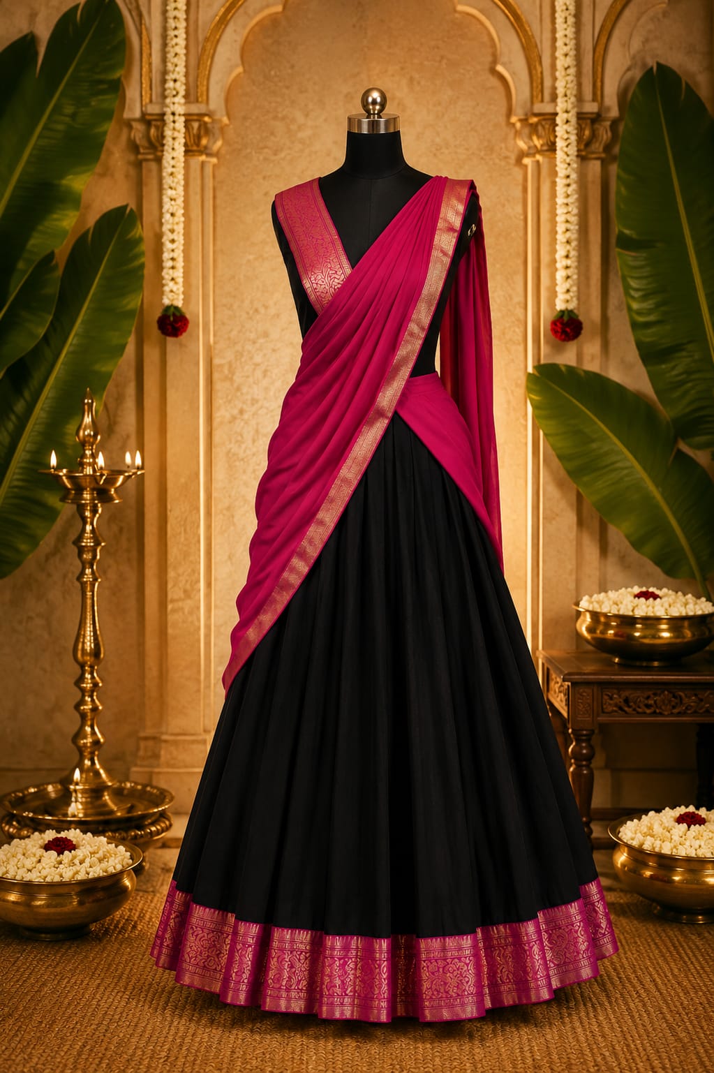 Lahariya London Black & Deep Pink Kerala Half Saree Set | Semi Silk South Indian Traditional Outfit | Ready-to-Wear Skirt with Dupatta