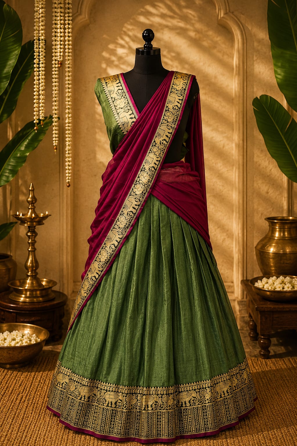 Olive Green Silk Half Saree Lehenga Set | Crimson Dupatta | Gold Zari Elephant Border | Unstitched Blouse | One Size