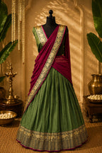 Olive Green Silk Half Saree Lehenga Set | Crimson Dupatta | Gold Zari Elephant Border | Unstitched Blouse | One Size