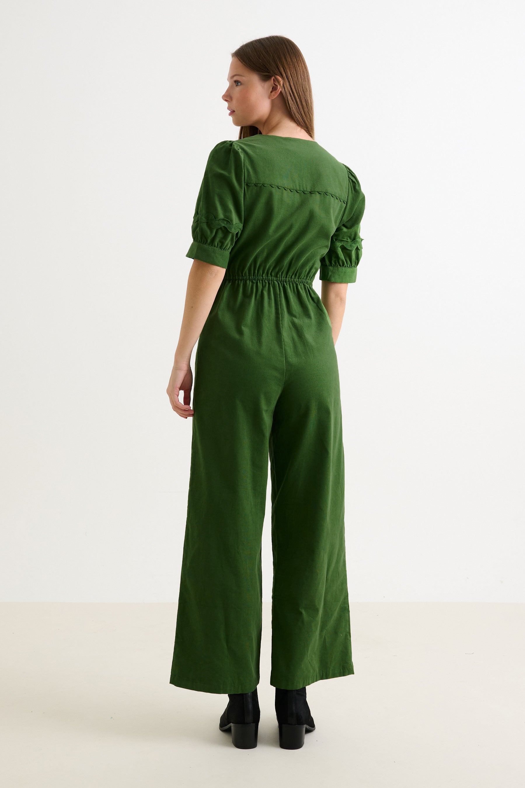 Finlay Babycord V Neck Ric Rac Trim Jumpsuit - Olive Green