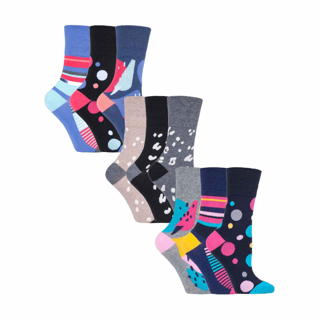Ladies 9 Pack Non-Binding Cotton Crew Socks with Stripes Patterned