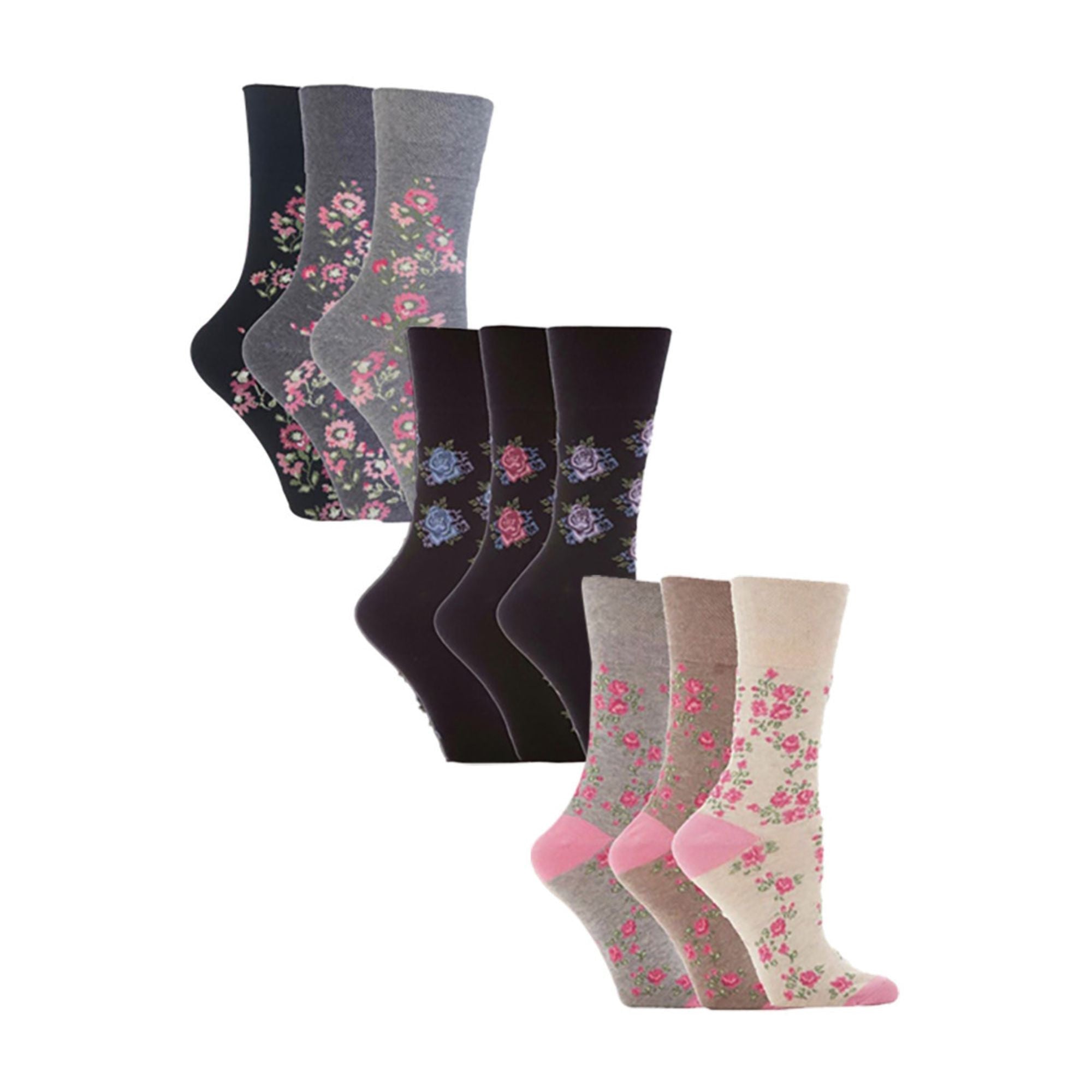 Ladies 9 Pack Non-Binding Cotton Crew Socks with Stripes Patterned