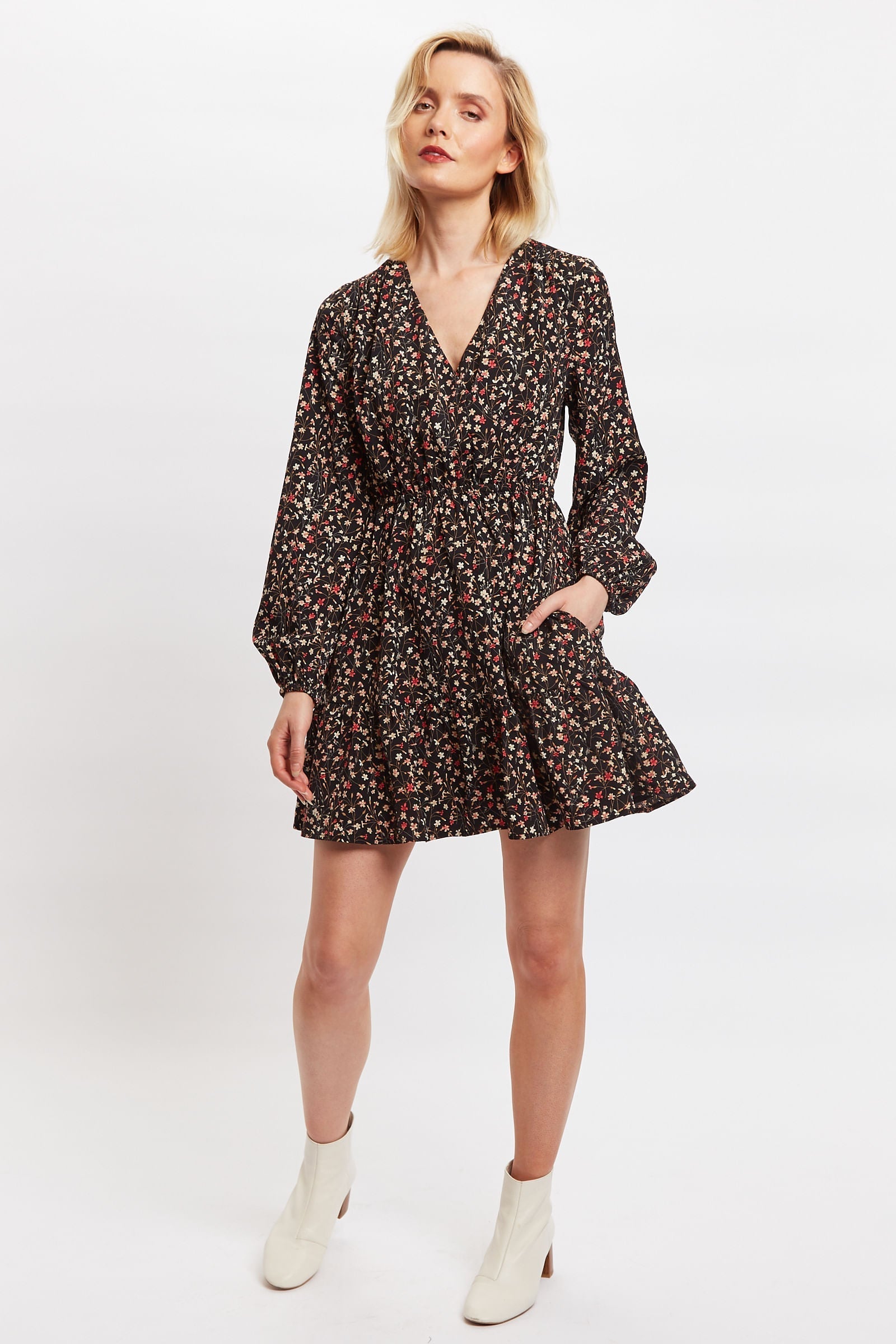 Louche Giovanna Wax Flower Print Long Sleeved Tie Mini Dress