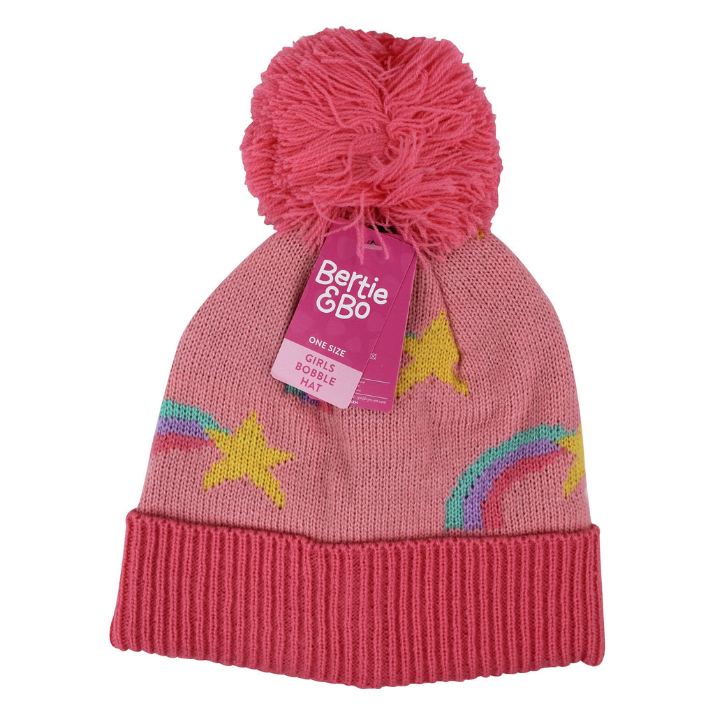 Girls Rainbow Beanie Hat with Bobble | Kids Warm Winter Hat with Pom Pom