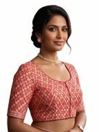 Elegant Red Hand-Block Saree Blouse with Tiered Tassels