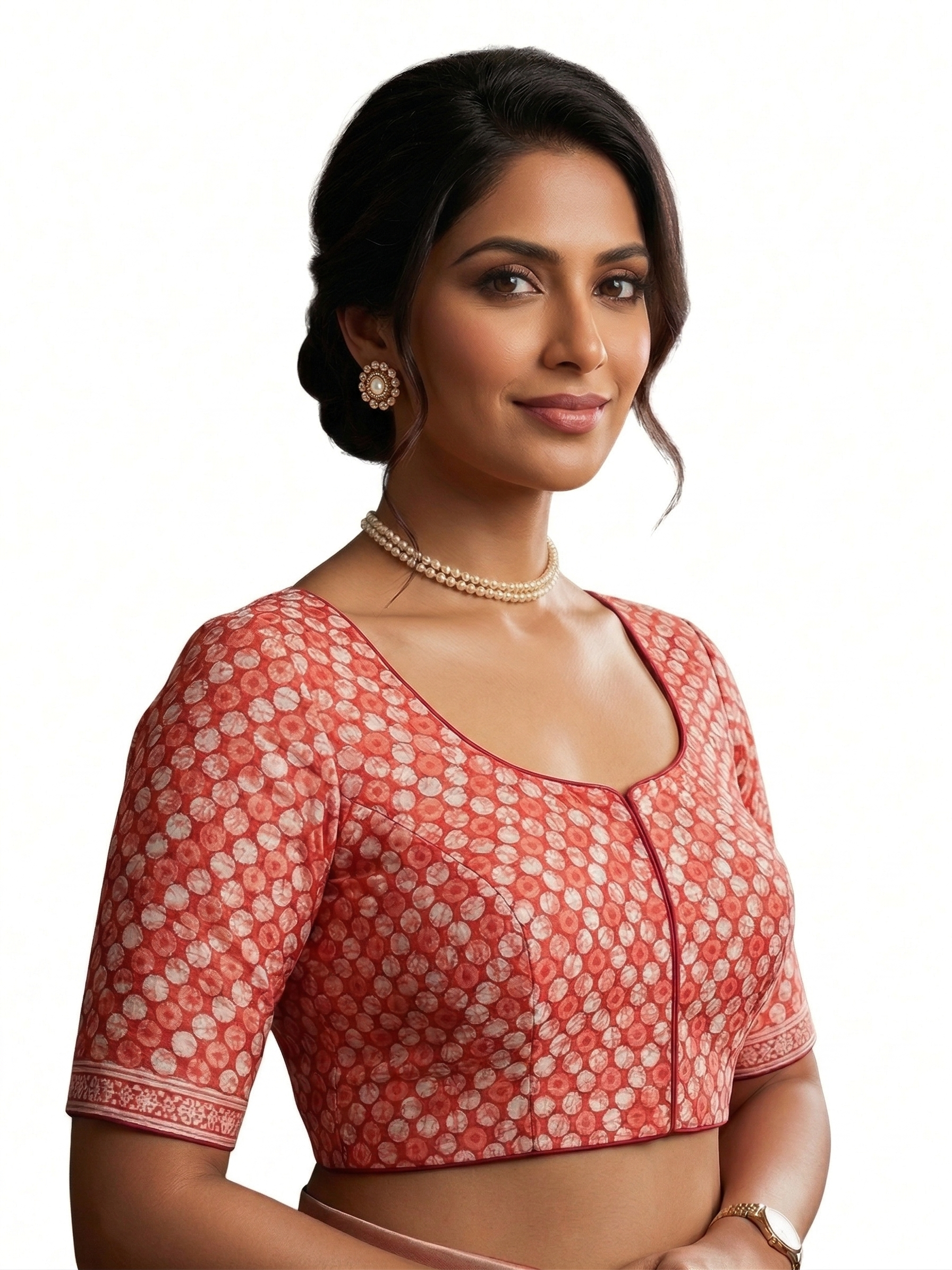 Elegant Red Hand-Block Saree Blouse with Tiered Tassels
