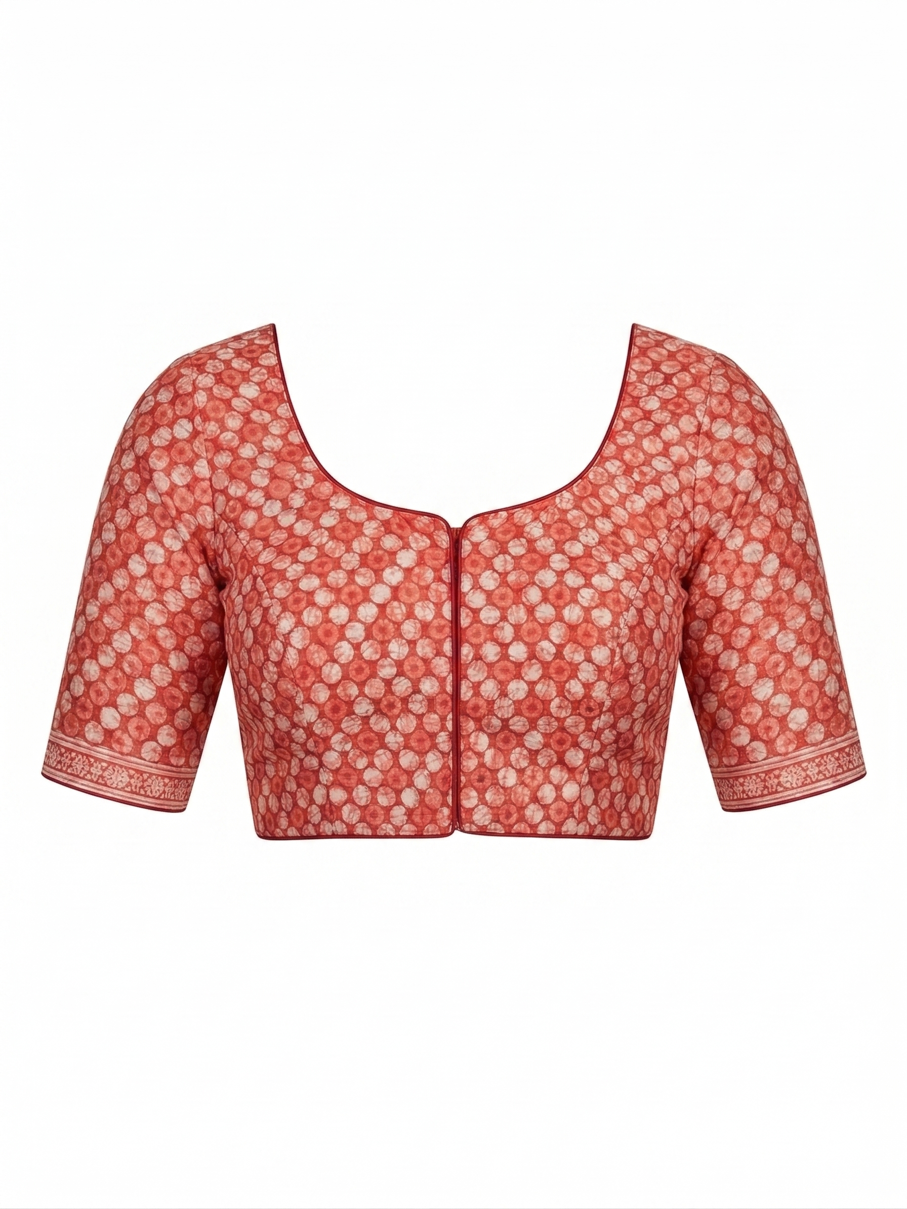 Elegant Red Hand-Block Saree Blouse with Tiered Tassels