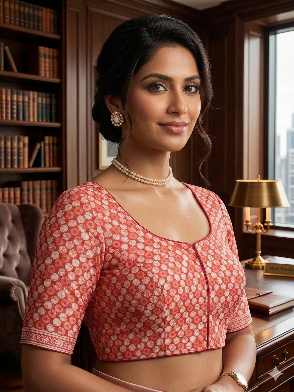 Elegant Red Hand-Block Saree Blouse with Tiered Tassels