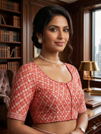 Elegant Red Hand-Block Saree Blouse with Tiered Tassels