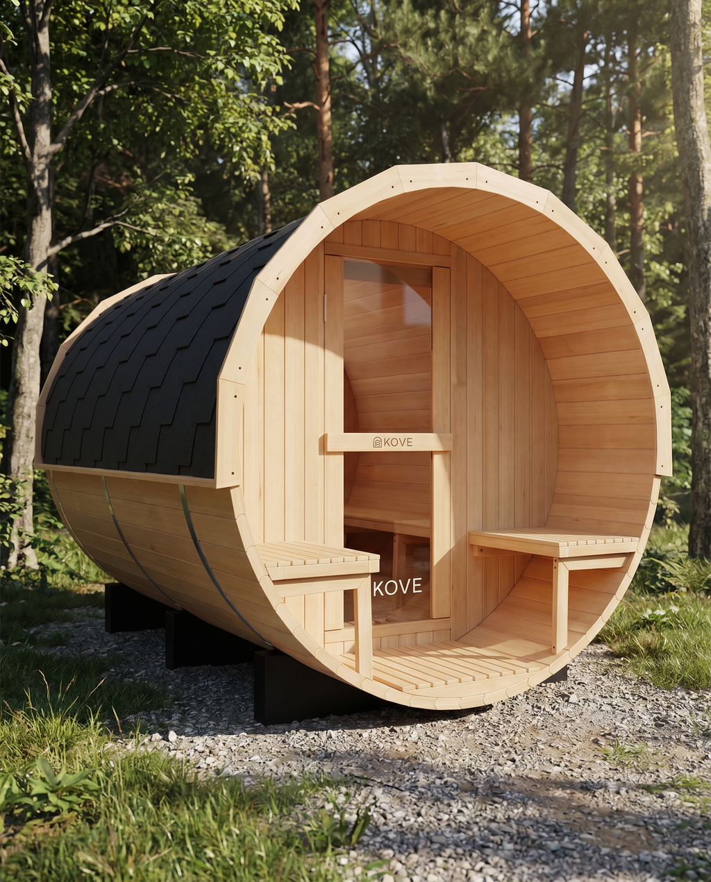 KOVE Outdoor Barrel Sauna – 5–6 Person Garden Sauna with 6kW Harvia Electric Heater