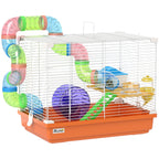 PawHut 2 Tier Hamster Cage, Gerbil Cage with Handle, Exercise Wheels, Tunnel, Water Bottle, Dishes, Ladder, for Dwarf