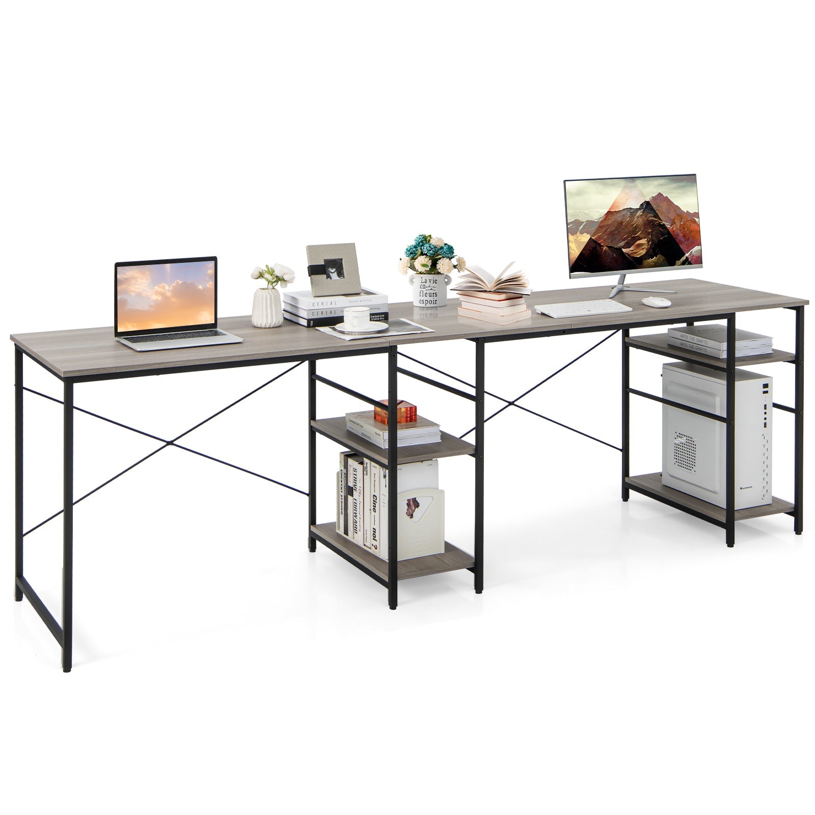Wooden Industrial L-Shaped Desk with Storage Shelves-Black