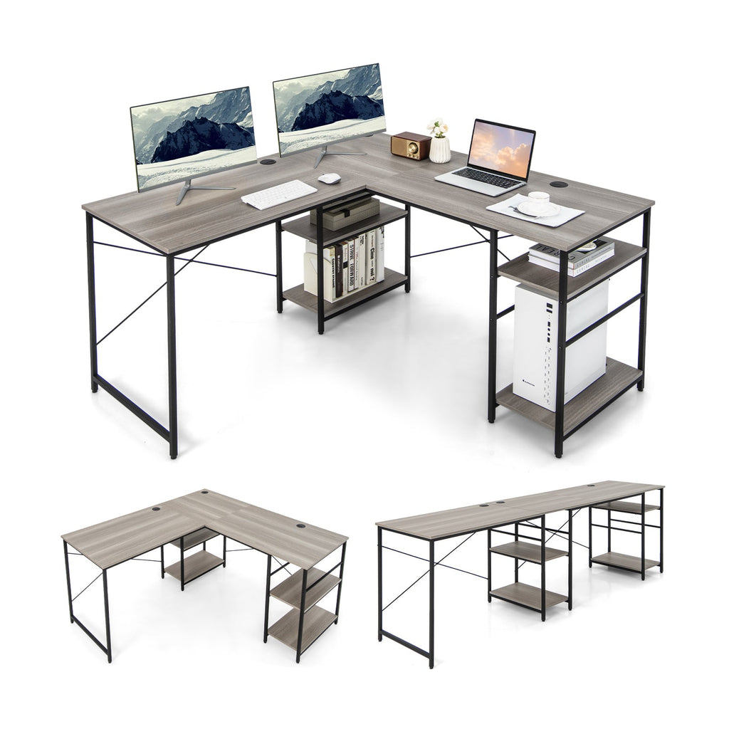 Wooden Industrial L-Shaped Desk with Storage Shelves-Black