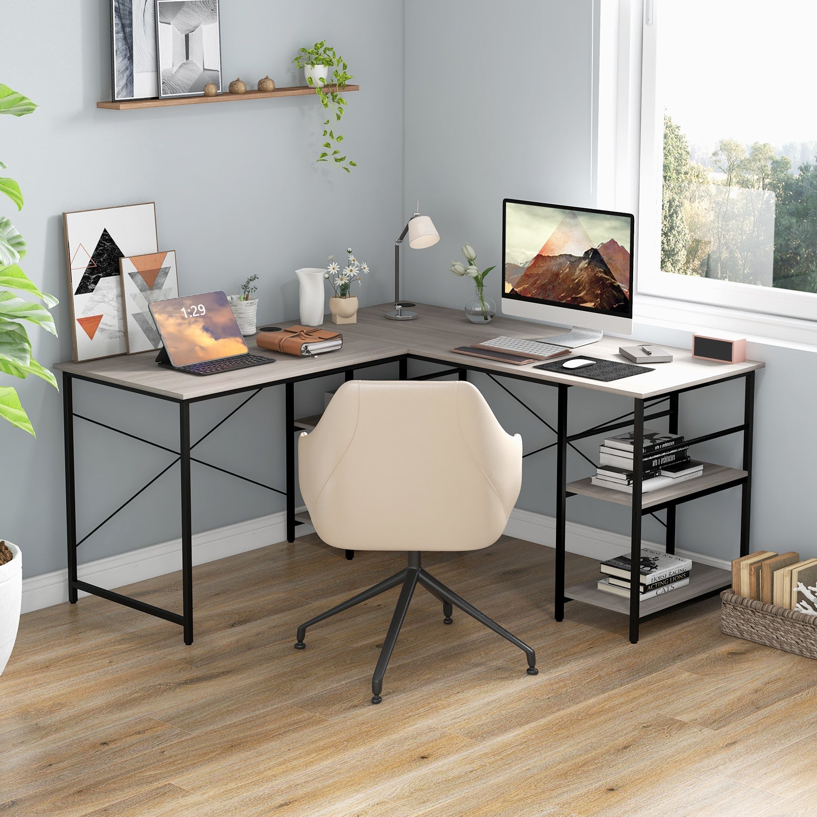 Wooden Industrial L-Shaped Desk with Storage Shelves-Black