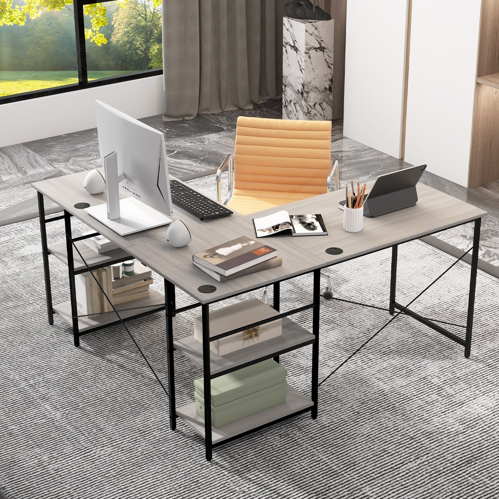 Wooden Industrial L-Shaped Desk with Storage Shelves-Black
