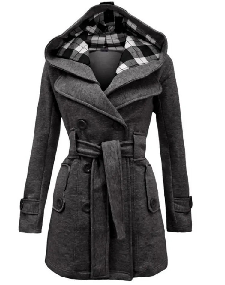 Fashionable Women's Woolen Warm Fleece Double Breast Jacket With Belts