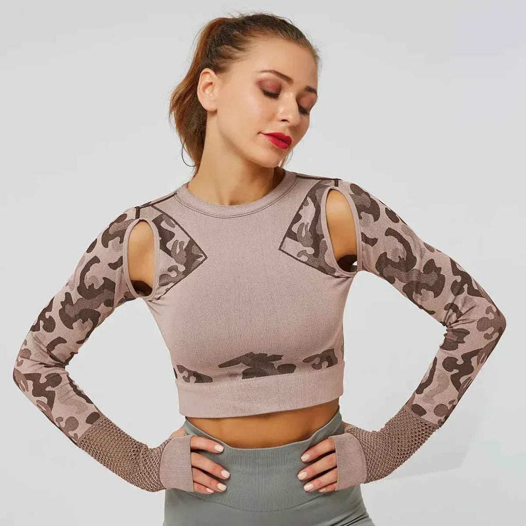 Summer Long Sleeve Crop Top Women Fitness Gym Yoga Sports Camouflage Seamless Breathable Yoga Top