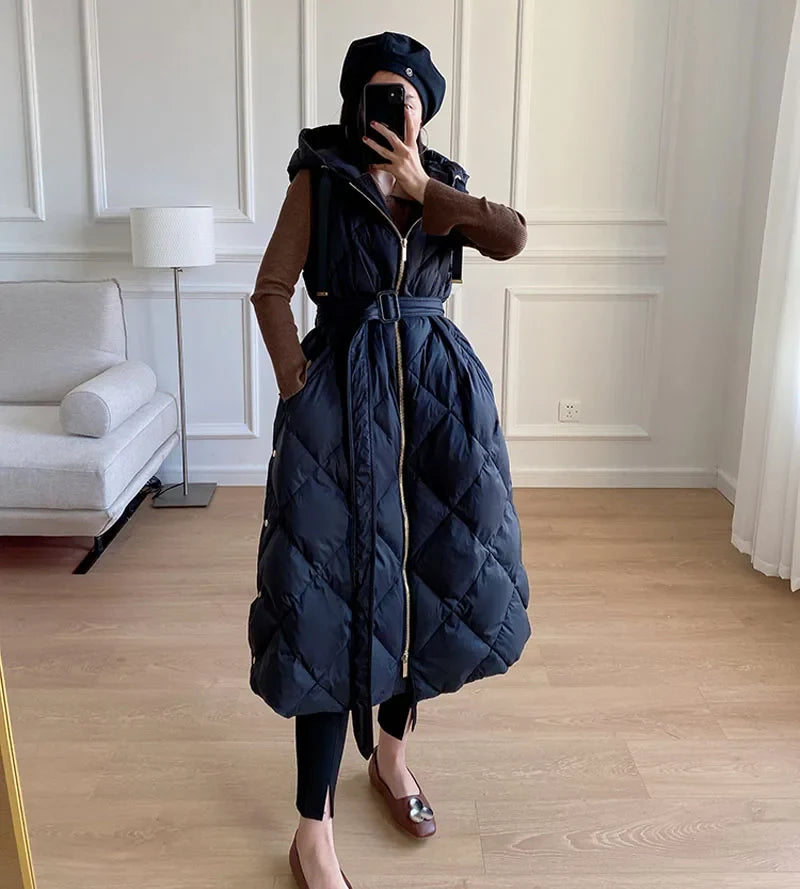 Luxury Women's Sleeveless down Vest Winter Warm Hooded Zipper Long Jacket with Belt Fashion Outerwear
