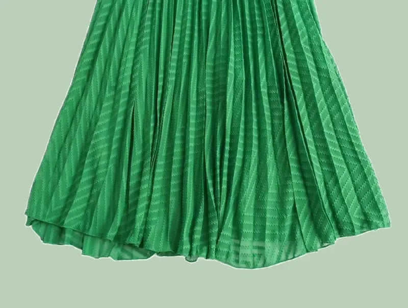 Crocheted Pleated Maxi Dress - Elegant Long Sleeve O-Neck Dress for Women