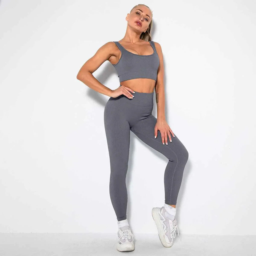 Seamless Sexy 2 Piece Active Wear Set - Women's U V Neck Gym Leggings & Top for Yoga & Fitness
