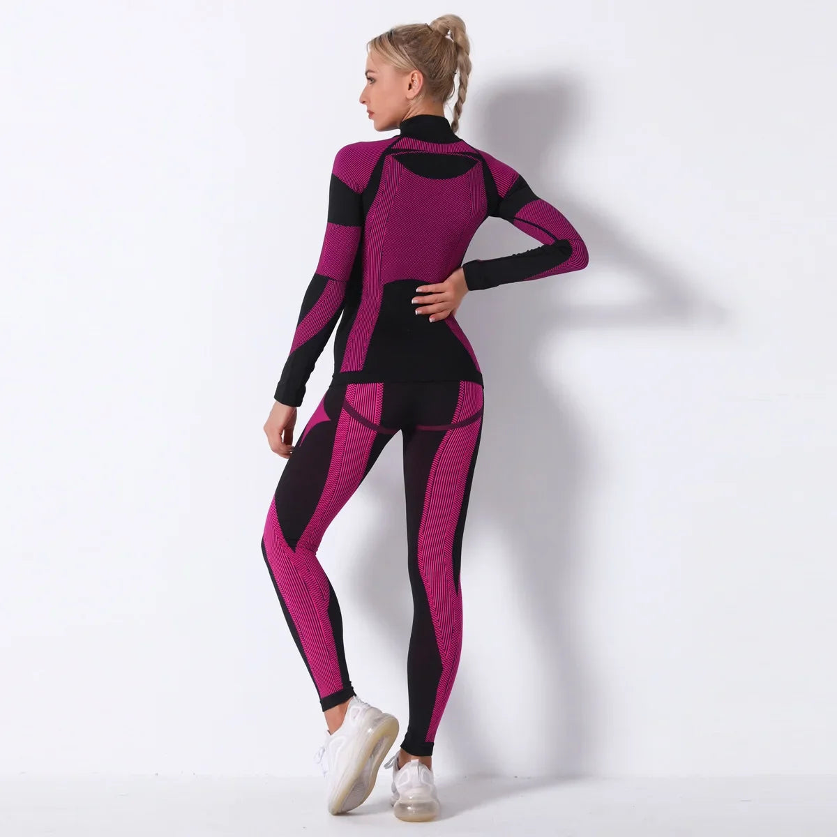 Breathable Yoga Workout Long Sleeve Shirt Leggings Set Gym Sports Fitness Striped Pants Suit For Women