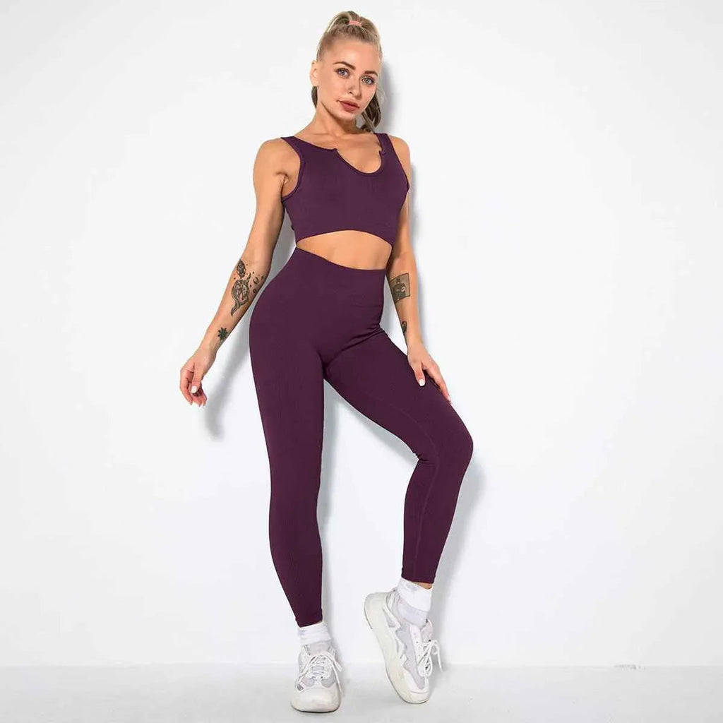 Seamless Sexy 2 Piece Active Wear Set - Women's U V Neck Gym Leggings & Top for Yoga & Fitness
