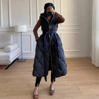 Luxury Women's Sleeveless down Vest Winter Warm Hooded Zipper Long Jacket with Belt Fashion Outerwear
