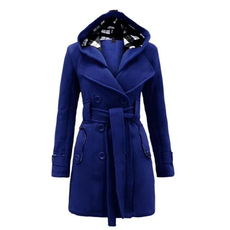Fashionable Women's Woolen Warm Fleece Double Breast Jacket With Belts