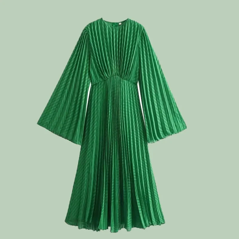 Crocheted Pleated Maxi Dress - Elegant Long Sleeve O-Neck Dress for Women