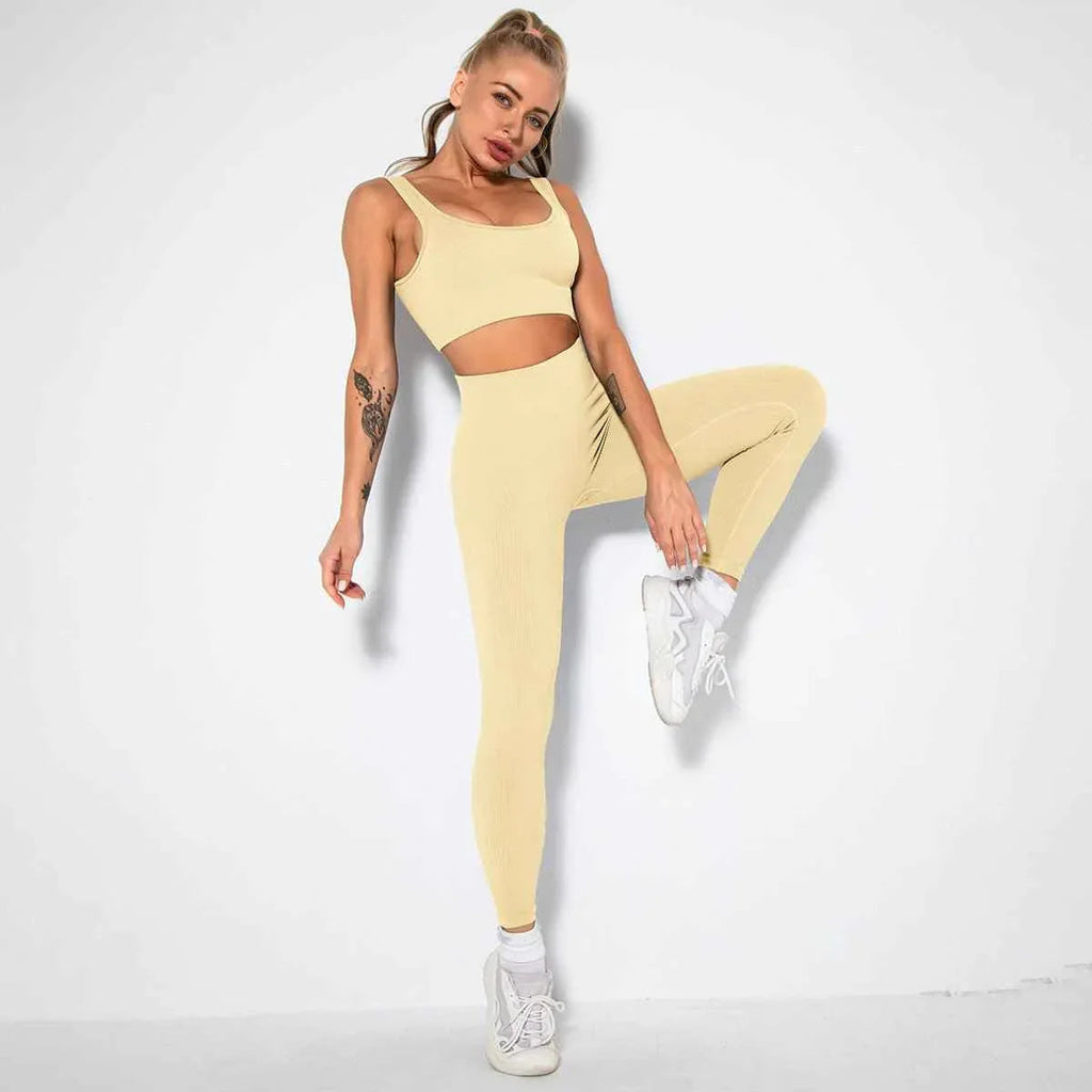 Seamless Sexy 2 Piece Active Wear Set - Women's U V Neck Gym Leggings & Top for Yoga & Fitness