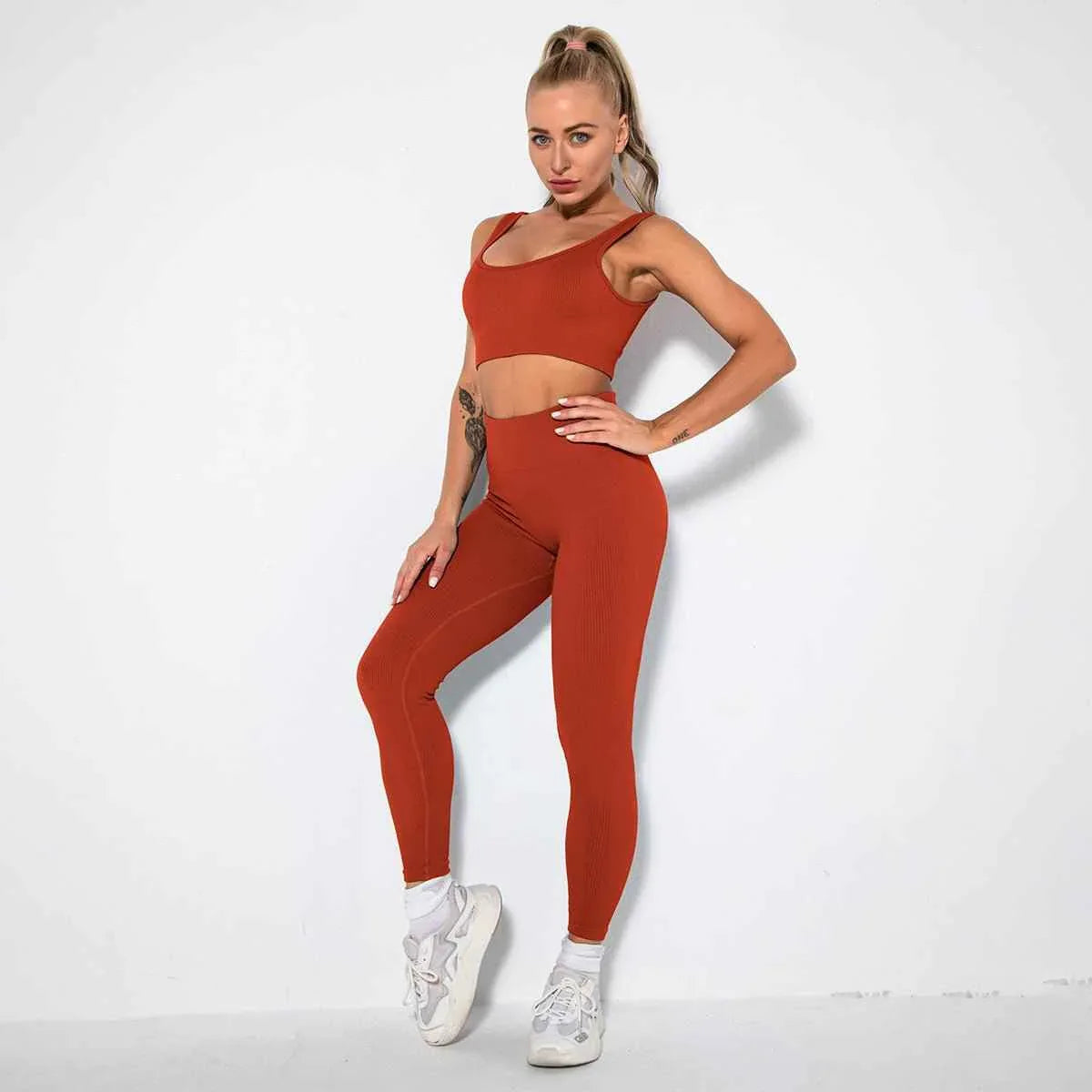 Seamless Sexy 2 Piece Active Wear Set - Women's U V Neck Gym Leggings & Top for Yoga & Fitness