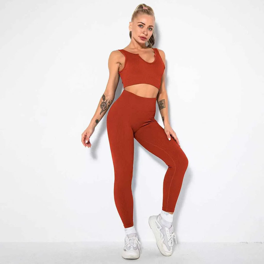 Seamless Sexy 2 Piece Active Wear Set - Women's U V Neck Gym Leggings & Top for Yoga & Fitness