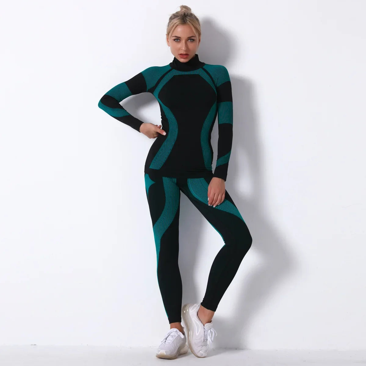 Breathable Yoga Workout Long Sleeve Shirt Leggings Set Gym Sports Fitness Striped Pants Suit For Women