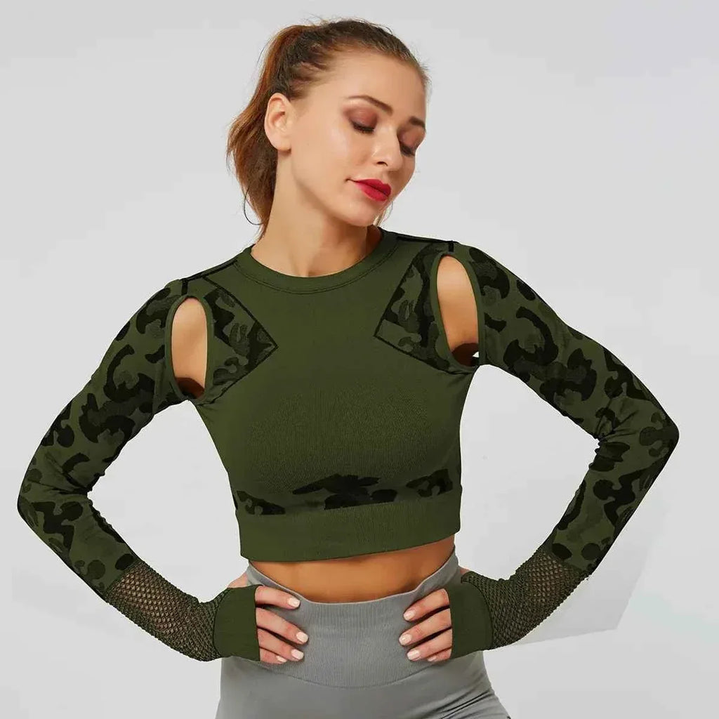 Summer Long Sleeve Crop Top Women Fitness Gym Yoga Sports Camouflage Seamless Breathable Yoga Top