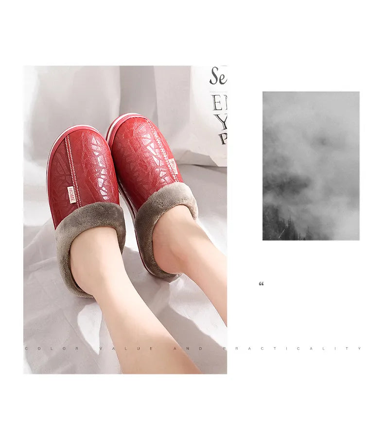 Men's Big Size Winter Slippers Home PU Leather Shoes for Men Indoor Waterproof Fur Cotton Male Bedroom Slipper Flat Houseshoes