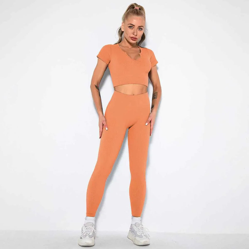 Seamless Sexy 2 Piece Active Wear Set - Women's U V Neck Gym Leggings & Top for Yoga & Fitness