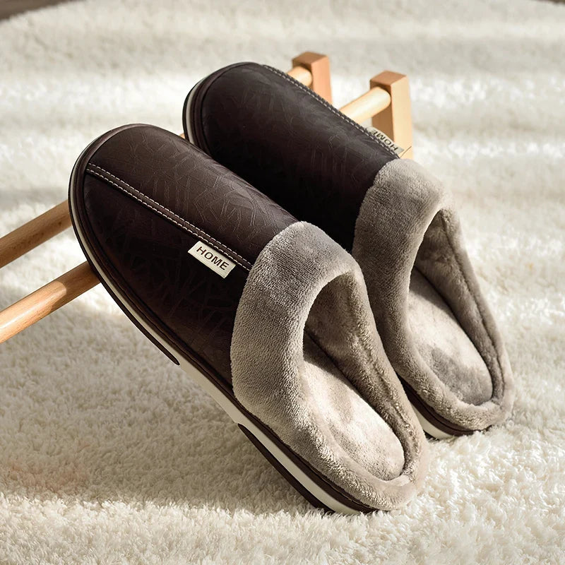 Men's Big Size Winter Slippers Home PU Leather Shoes for Men Indoor Waterproof Fur Cotton Male Bedroom Slipper Flat Houseshoes