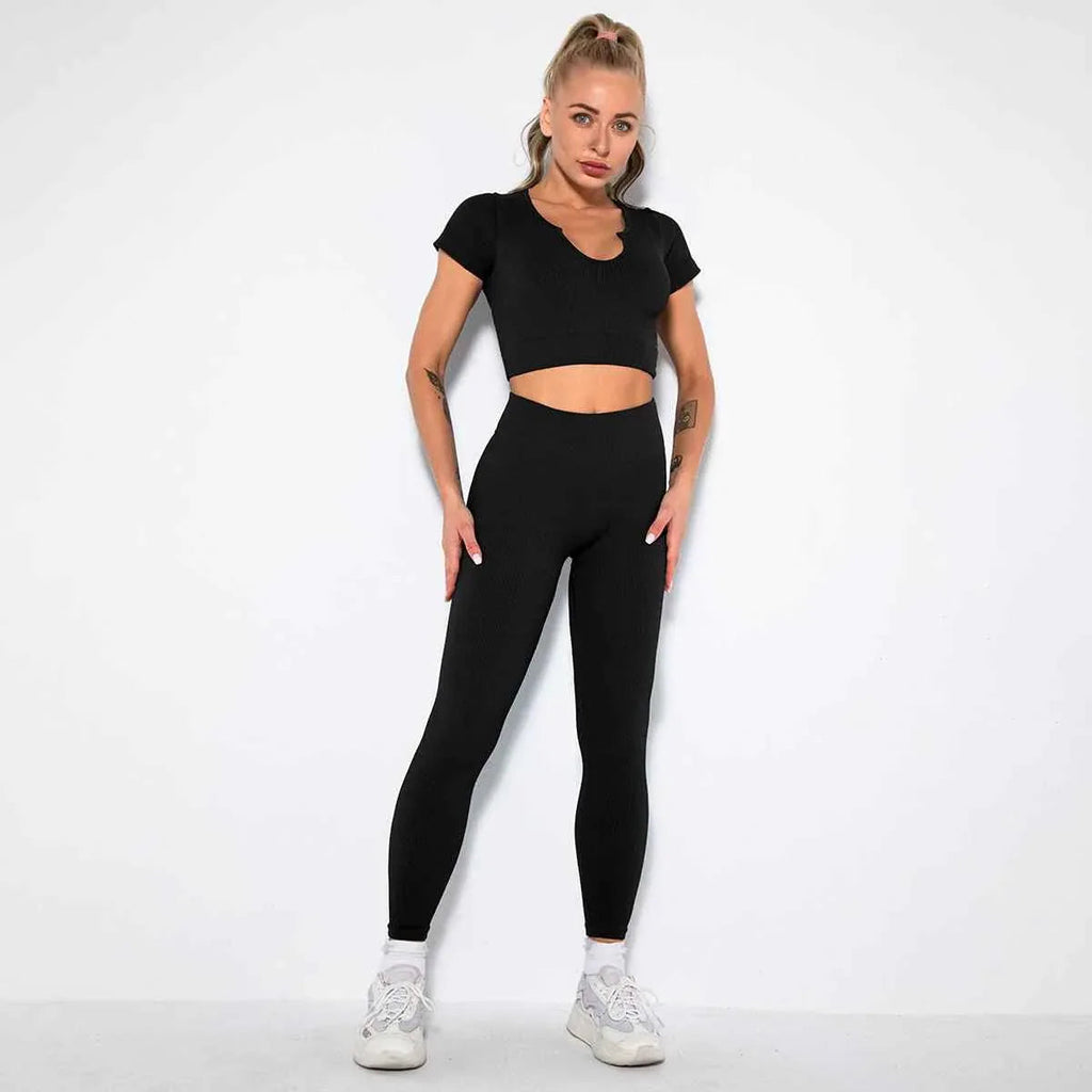 Seamless Sexy 2 Piece Active Wear Set - Women's U V Neck Gym Leggings & Top for Yoga & Fitness