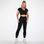 Seamless Sexy 2 Piece Active Wear Set - Women's U V Neck Gym Leggings & Top for Yoga & Fitness