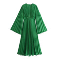 Crocheted Pleated Maxi Dress - Elegant Long Sleeve O-Neck Dress for Women