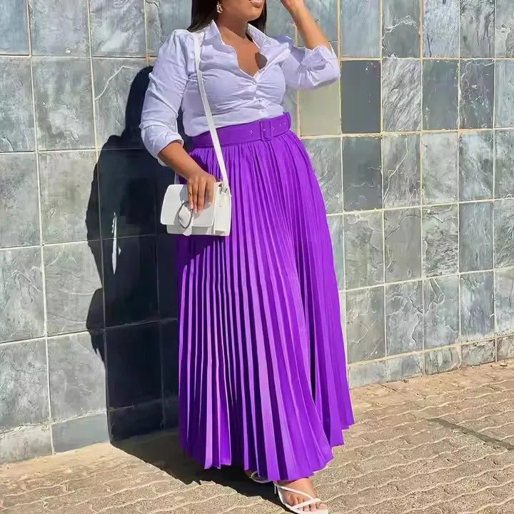 Pleated Midi Skirt with Belt - Elegant A-Line Skirt for Women