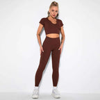 Seamless Sexy 2 Piece Active Wear Set - Women's U V Neck Gym Leggings & Top for Yoga & Fitness