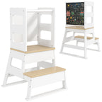 AIYAPLAY 2-in-1 Toddler Tower with Chalkboard, Safety Rail for Kitchen, Counter, Bathroom, Sink, White